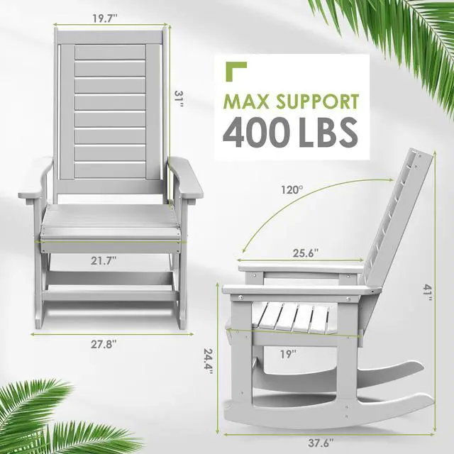 Alt view image 3 of 7 - Outdoor Rocking Chair Wood Grain, HDPE All-Weather Porch Rocker, Oversized Plastic Rockers w/Wood Texture & High Back for Outside Indoor Living Room Backyard Balcony Garden Patio White
