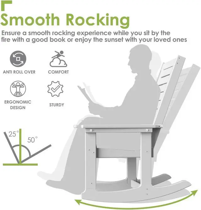 Alt view image 4 of 7 - Outdoor Rocking Chair Wood Grain, HDPE All-Weather Porch Rocker, Oversized Plastic Rockers w/Wood Texture & High Back for Outside Indoor Living Room Backyard Balcony Garden Patio White