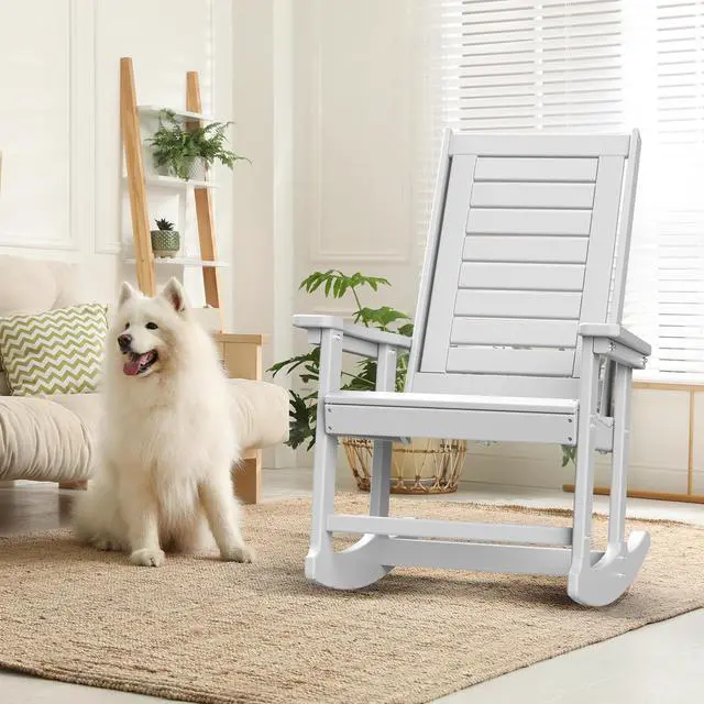 Alt view image 5 of 7 - Outdoor Rocking Chair Wood Grain, HDPE All-Weather Porch Rocker, Oversized Plastic Rockers w/Wood Texture & High Back for Outside Indoor Living Room Backyard Balcony Garden Patio White