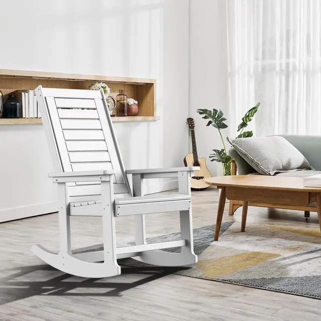 Alt view image 6 of 7 - Outdoor Rocking Chair Wood Grain, HDPE All-Weather Porch Rocker, Oversized Plastic Rockers w/Wood Texture & High Back for Outside Indoor Living Room Backyard Balcony Garden Patio White