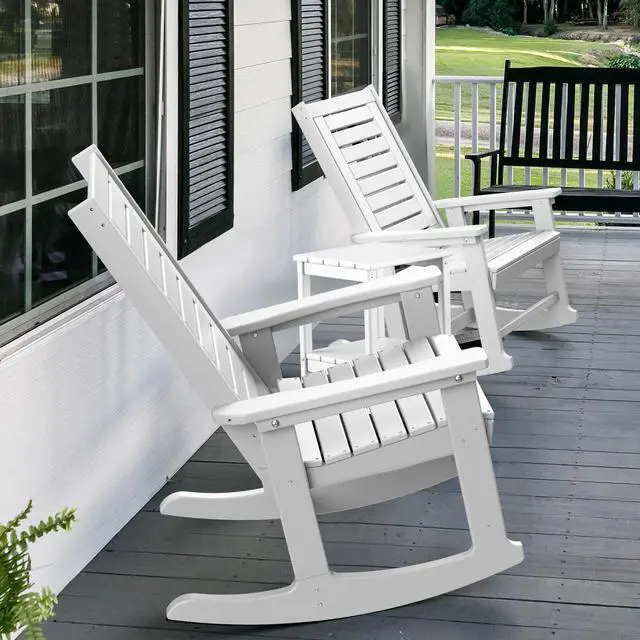 Alt view image 7 of 7 - Outdoor Rocking Chair Wood Grain, HDPE All-Weather Porch Rocker, Oversized Plastic Rockers w/Wood Texture & High Back for Outside Indoor Living Room Backyard Balcony Garden Patio White