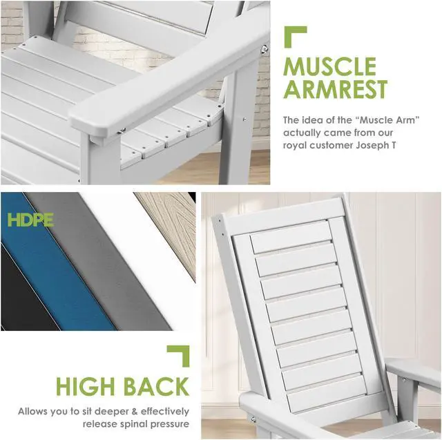 Alt view image 2 of 7 - Outdoor Rocking Chair Wood Grain, HDPE All-Weather Porch Rocker, Oversized Plastic Rockers w/Wood Texture & High Back for Outside Indoor Living Room Backyard Balcony Garden Patio White