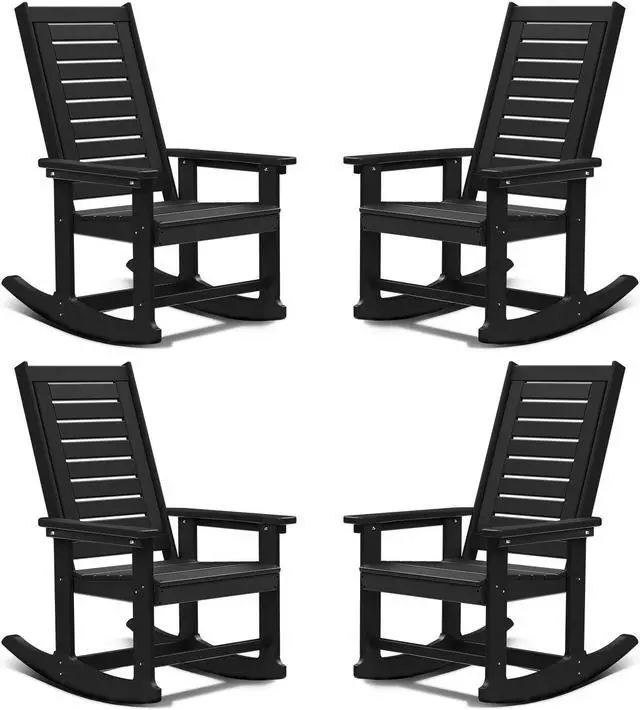 Alt view image 2 of 7 - Patio Rocking Chair, All-Weather Oversized Outdoor Rocker, HDPE Plastic Rocking Chairs with High Back for Front Porch Outside Indoor Living Room Backyard Balcony, Black