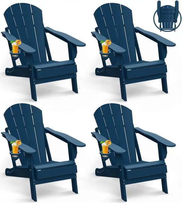 Alt view image 2 of 6 - JiffyPoint Folding Adirondack Chairs, HDPE All-Weather Fire Pit Chairs with Cup Holder, Plastic Campfire Chair for Deck Backyard Patio Outdoor Poolside Porch Lawn,  Blue