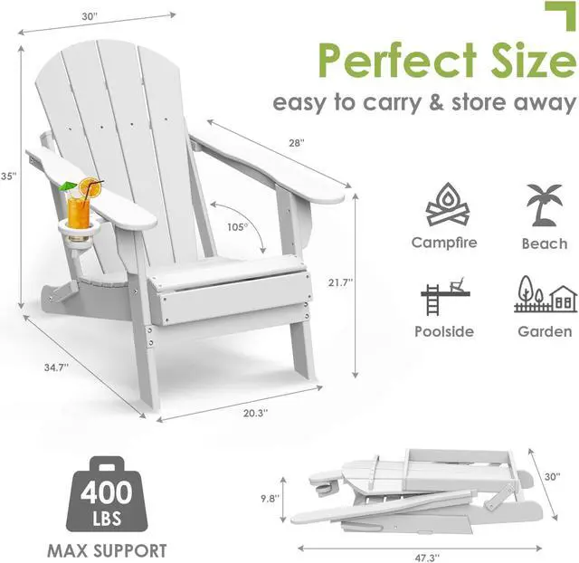 Alt view image 3 of 6 - JiffyPoint Folding Adirondack Chairs Wood Grain, HDPE All-Weather Wood Texture Fire Pit Chairs with Cup Holder, Plastic Campfire Chair for Deck Backyard Patio Outdoor Poolside Porch Lawn,White