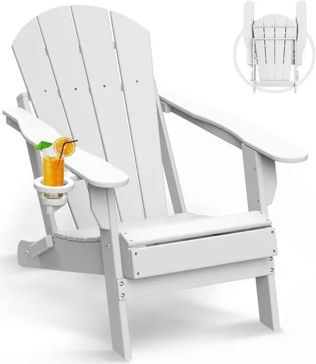 Main image of JiffyPoint Folding Adirondack Chairs Wood Grain, HDPE All-Weather Wood Texture Fire Pit Chairs with Cup Holder, Plastic Campfire Chair for Deck Backyard Patio Outdoor Poolside Porch Lawn,White