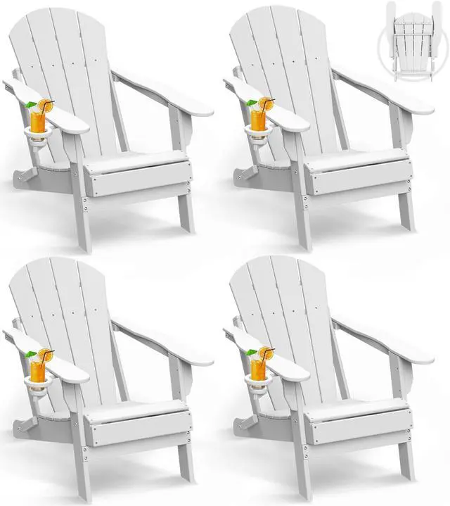 Alt view image 2 of 6 - JiffyPoint Folding Adirondack Chairs Wood Grain, HDPE All-Weather Wood Texture Fire Pit Chairs with Cup Holder, Plastic Campfire Chair for Deck Backyard Patio Outdoor Poolside Porch Lawn,White
