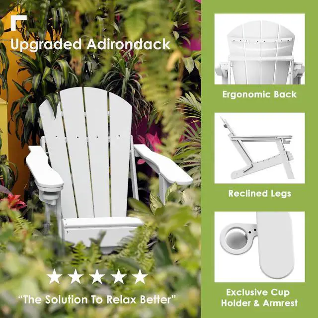 Alt view image 5 of 6 - JiffyPoint Folding Adirondack Chairs Wood Grain, HDPE All-Weather Wood Texture Fire Pit Chairs with Cup Holder, Plastic Campfire Chair for Deck Backyard Patio Outdoor Poolside Porch Lawn,White