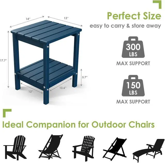 Alt view image 2 of 5 - JiffyPoint Adirondack Outdoor Side Table, 14 x 13 HDPE Plastic All Weather End Tables with Storage Shelf for Poolside Indoor Outside Front Porch Living Room Patio Backyard Campfire, Blue