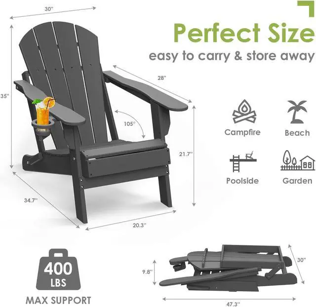 Alt view image 2 of 6 - JiffyPoint Folding Adirondack Chairs Wood Grain, HDPE All-Weather Wood Texture Fire Pit Chairs with Cup Holder, Plastic Campfire Chair for Deck Backyard Patio Outdoor Poolside Porch Lawn,Grey 2 Pack