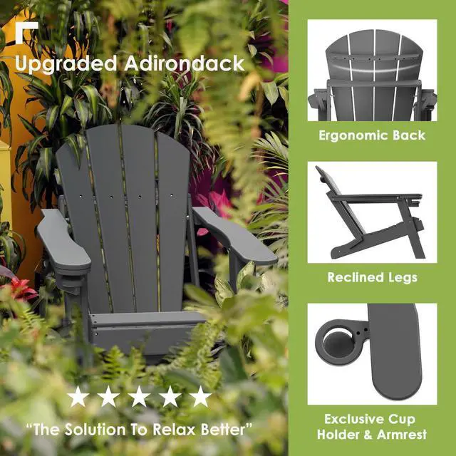 Alt view image 5 of 6 - JiffyPoint Folding Adirondack Chairs Wood Grain, HDPE All-Weather Wood Texture Fire Pit Chairs with Cup Holder, Plastic Campfire Chair for Deck Backyard Patio Outdoor Poolside Porch Lawn,Grey 2 Pack