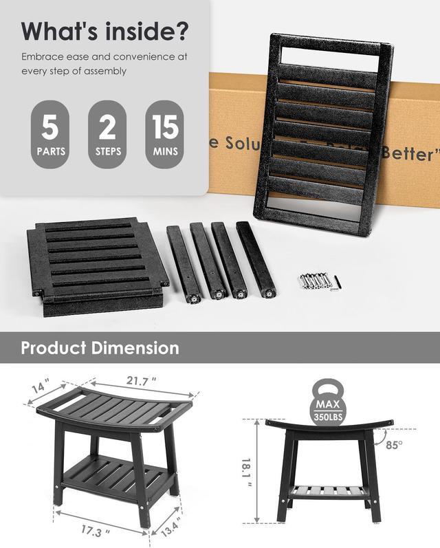 Alt view image 3 of 7 - JiffyPoint 21.8W Shower Bench Seat Waterproof, HDPE Shower Stool-for Inside Shower Bathroom Benches w/Storage Shelf & Handles, Indoor Outdoor Use