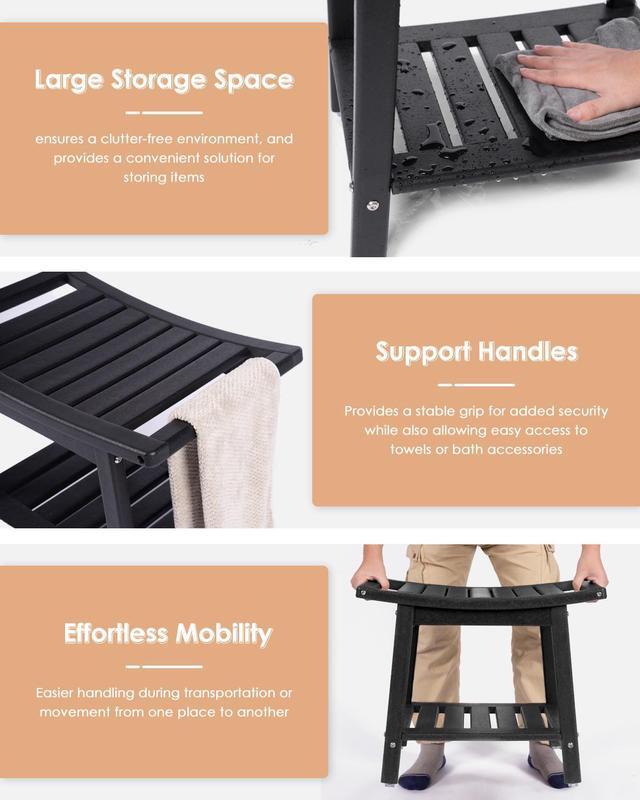 Alt view image 5 of 7 - JiffyPoint 21.8W Shower Bench Seat Waterproof, HDPE Shower Stool-for Inside Shower Bathroom Benches w/Storage Shelf & Handles, Indoor Outdoor Use