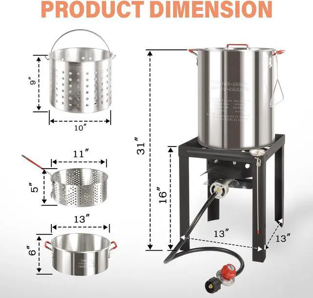 Alt view image 6 of 7 - 30QT Turkey Fryer & 10QT Fish Fryer Kit, Waterproof Cover & 12-inch Skimmer, 55,000BTU Propane Burner Stove, Aluminum Turkey Fryer Pot, Outdoor Deep Fryer, Crawfish Boiler with Basket
