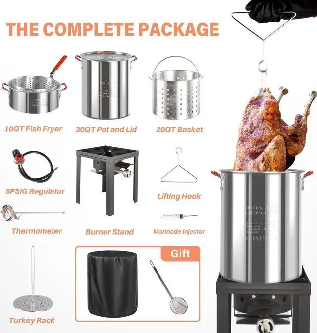Alt view image 3 of 7 - 30QT Turkey Fryer & 10QT Fish Fryer Kit, Waterproof Cover & 12-inch Skimmer, 55,000BTU Propane Burner Stove, Aluminum Turkey Fryer Pot, Outdoor Deep Fryer, Crawfish Boiler with Basket