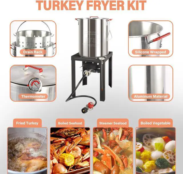 Alt view image 5 of 7 - 30QT Turkey Fryer & 10QT Fish Fryer Kit, Waterproof Cover & 12-inch Skimmer, 55,000BTU Propane Burner Stove, Aluminum Turkey Fryer Pot, Outdoor Deep Fryer, Crawfish Boiler with Basket