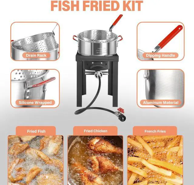 Alt view image 4 of 7 - 30QT Turkey Fryer & 10QT Fish Fryer Kit, Waterproof Cover & 12-inch Skimmer, 55,000BTU Propane Burner Stove, Aluminum Turkey Fryer Pot, Outdoor Deep Fryer, Crawfish Boiler with Basket