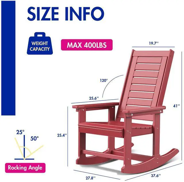 Alt view image 3 of 7 - Outdoor Rocking Chair Wood Grain, HDPE All-Weather Porch Rocker, Oversized Plastic Rockers w/Wood Texture & High Back for Outside Indoor Living Room Backyard Balcony Garden Patio Red