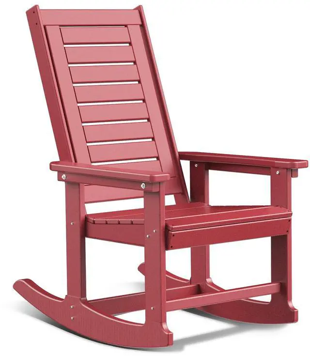 Main image of Outdoor Rocking Chair Wood Grain, HDPE All-Weather Porch Rocker, Oversized Plastic Rockers w/Wood Texture & High Back for Outside Indoor Living Room Backyard Balcony Garden Patio Red