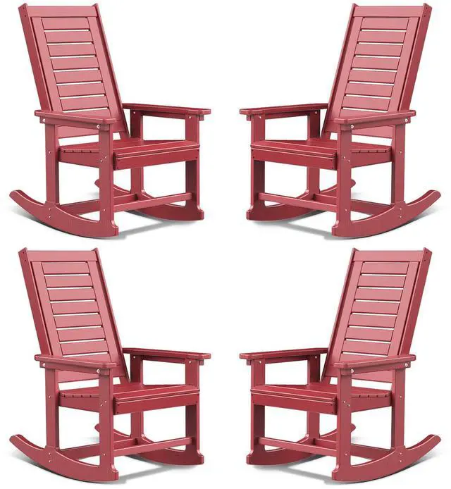 Alt view image 2 of 7 - Outdoor Rocking Chair Wood Grain, HDPE All-Weather Porch Rocker, Oversized Plastic Rockers w/Wood Texture & High Back for Outside Indoor Living Room Backyard Balcony Garden Patio Red
