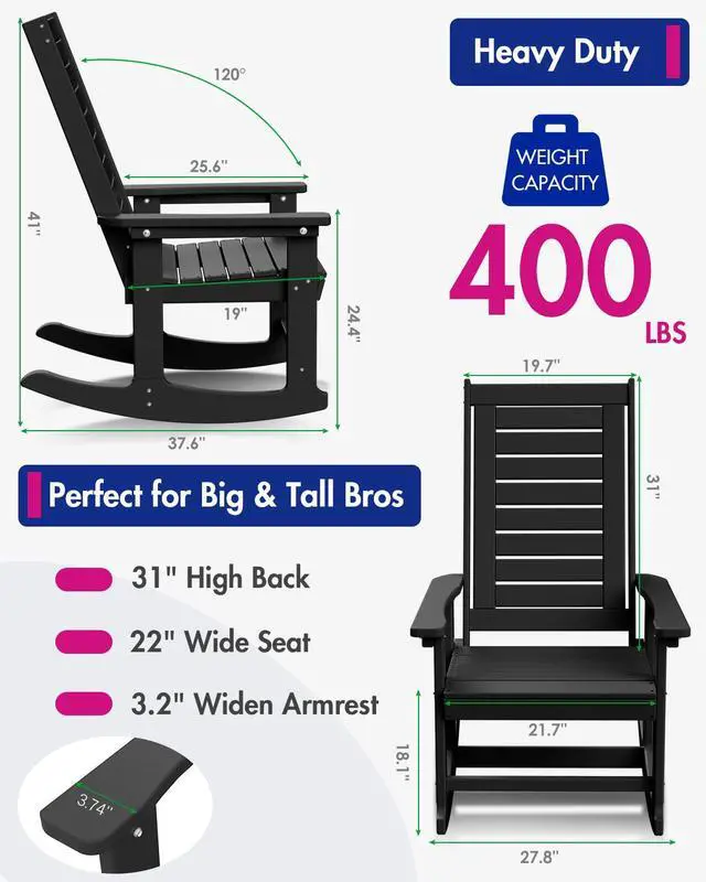 Alt view image 3 of 7 - Outdoor Rocking Chair Wood Grain, HDPE All-Weather Porch Rocker, Oversized Plastic Rockers w/Wood Texture & High Back for Outside Indoor Living Room Backyard Balcony Garden Patio Black Set of 2
