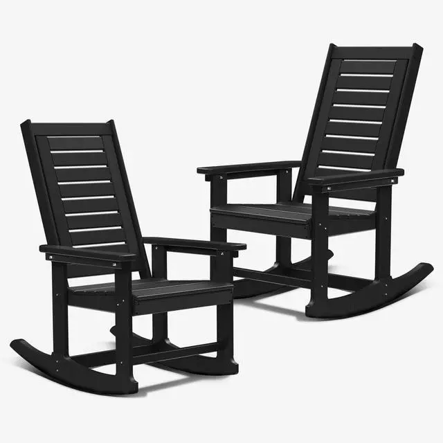 Main image of Outdoor Rocking Chair Wood Grain, HDPE All-Weather Porch Rocker, Oversized Plastic Rockers w/Wood Texture & High Back for Outside Indoor Living Room Backyard Balcony Garden Patio Black Set of 2