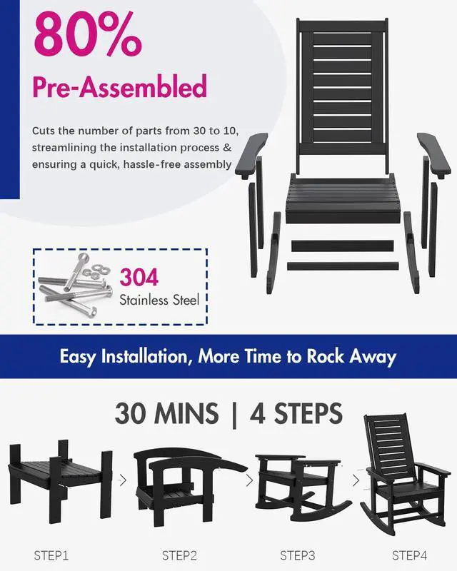 Alt view image 5 of 7 - Outdoor Rocking Chair Wood Grain, HDPE All-Weather Porch Rocker, Oversized Plastic Rockers w/Wood Texture & High Back for Outside Indoor Living Room Backyard Balcony Garden Patio Black Set of 2