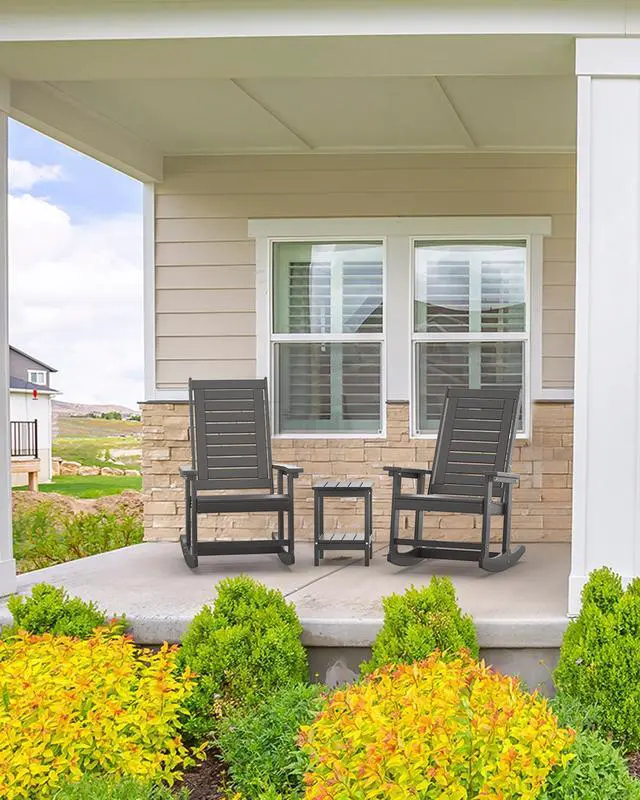 Alt view image 2 of 7 - Outdoor Rocking Chair Wood Grain, HDPE All-Weather Porch Rocker, Oversized Plastic Rockers w/Wood Texture & High Back for Outside Indoor Living Room Backyard Balcony Garden Patio Black Set of 2