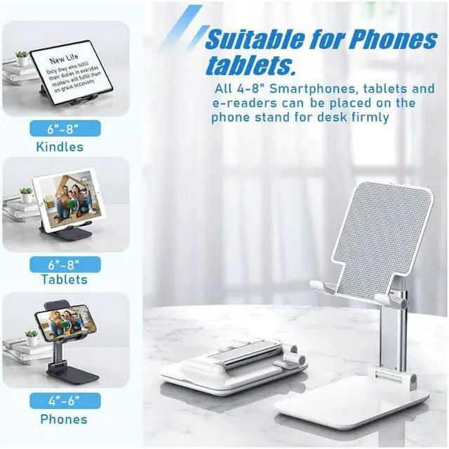 Alt view image 2 of 6 - Cell Phone Stand, Angle Height Adjustable Cell Phone Holder with Silicon Pad for Desk Fully Forldable Mobile Phone Holder Compatible with All Mobile Phones, MT-6, (White)