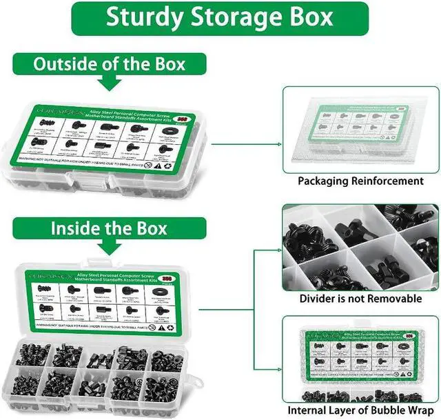 Alt view image 4 of 7 - 350PCS Computer Screws Assortment Kit, 6-32 Male to M3 Female Black Carbon Steel Motherboard Standoffs Screws for 2.5''SSD Hard Drive Fan Power Graphics Motherboard Chassis CD-ROM Computer ATX Case