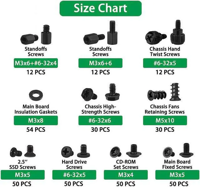Alt view image 5 of 7 - 350PCS Computer Screws Assortment Kit, 6-32 Male to M3 Female Black Carbon Steel Motherboard Standoffs Screws for 2.5''SSD Hard Drive Fan Power Graphics Motherboard Chassis CD-ROM Computer ATX Case