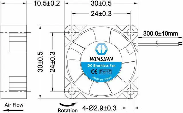 Alt view image 2 of 5 - WINSINN DC 30mm Fan 12V 3010 Hydraulic Bearing Brushless Cooling 30mmx10mm 2PIN (Pack of 5Pcs)