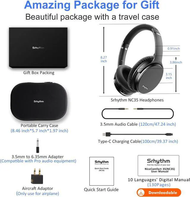 Alt view image 5 of 7 - Srhythm NC35 Noise Cancelling Headphones Wireless Bluetooth 5.3, Fast Charge Over-Ear Lightweight Headset with Microphones,Mega Bass 50+ Hours Playtime