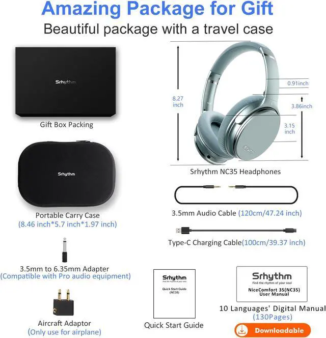 Alt view image 7 of 7 - Srhythm NC35 Noise Cancelling Headphones Wireless Bluetooth 5.3, Fast Charge Over-Ear Lightweight Headset with Microphones,Mega Bass 50+ Hours Playtime
