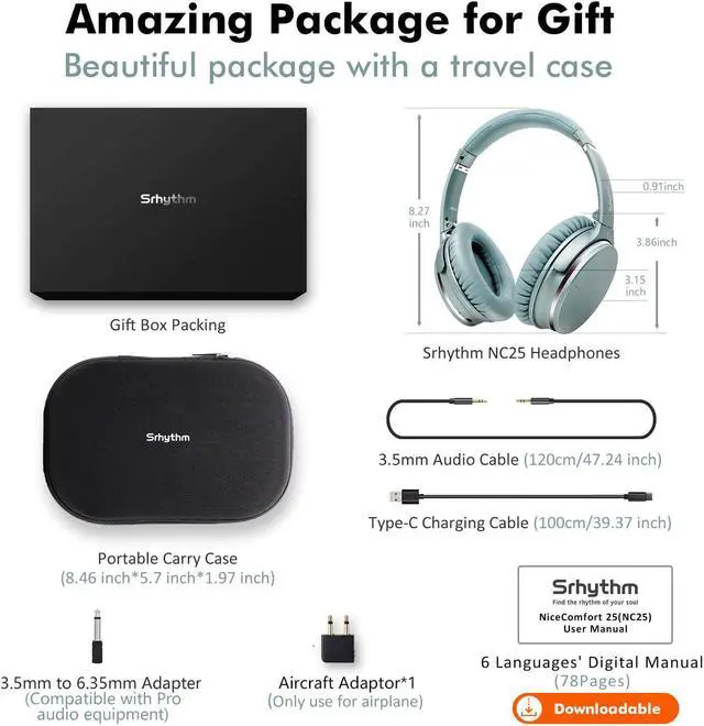 Alt view image 7 of 7 - Srhythm NC25 Active Noise Cancelling Headphones Bluetooth 5.3,ANC Stereo Headset Over-Ear with Hi-Fi,Mic,50H Playtime,Voice Assistant,Low Latency Game Mode