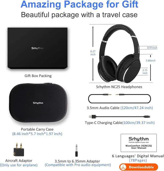 Alt view image 6 of 7 - Srhythm NC25 Active Noise Cancelling Headphones Bluetooth 5.3,ANC Stereo Headset Over-Ear with Hi-Fi,Mic,50H Playtime,Voice Assistant,Low Latency Game Mode