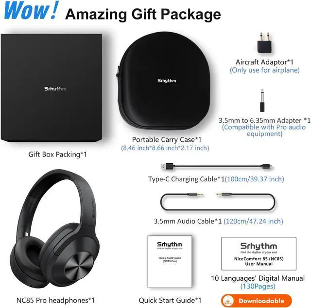 Alt view image 7 of 7 - Srhythm NC85 Dynamic Hybrid Noise Canceling Headphones Bluetooth Wireless Over The Ear with HD Sound,Quick Charge,Ultra-Long Playtime,Multi-Modes Switchover Metal Black