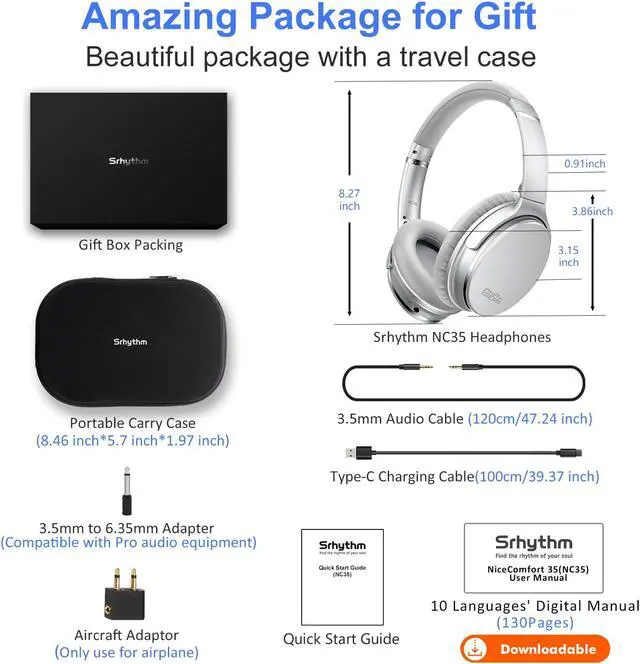Alt view image 5 of 7 - Srhythm NC35 Noise Cancelling Headphones Wireless Bluetooth 5.3, Fast Charge Over-Ear Lightweight Headset with Microphones,Mega Bass 50+ Hours Playtime Silver