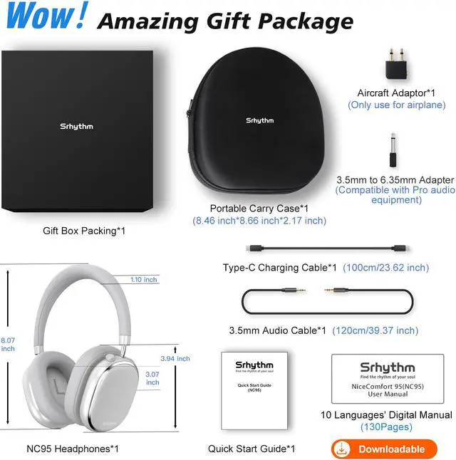 Alt view image 7 of 7 - Srhythm NiceComfort 95 Hybrid Noise Cancelling Headphones,Wireless Bluetooth Headset with Transparency Mode,HD Sound