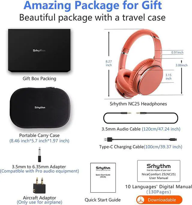 Alt view image 6 of 7 - Srhythm NC25 Active Noise Cancelling Headphones Bluetooth 5.3,ANC Stereo Headset Over-Ear with Hi-Fi,Mic,50H Playtime,Voice Assistant,Low Latency Game Mode Orange