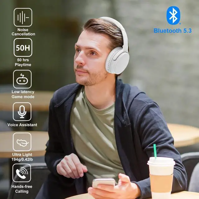 Alt view image 2 of 7 - Srhythm NC25 Active Noise Cancelling Headphones Bluetooth 5.3,ANC Stereo Headset Over-Ear with Hi-Fi,Mic,50H Playtime,Voice Assistant,Low Latency Game Mode White