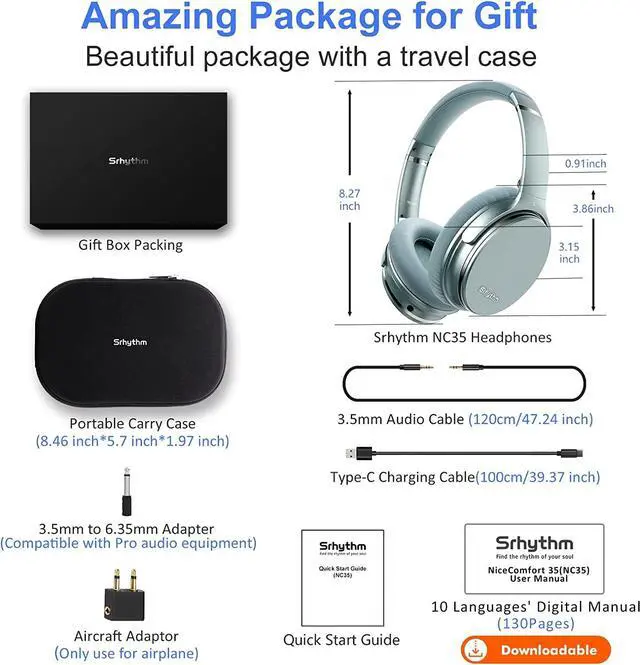 Alt view image 6 of 7 - Srhythm NC35 Noise Cancelling Headphones Wireless Bluetooth 5.3, Fast Charge Over-Ear Lightweight Headset with Microphones,Mega Bass 50+ Hours Playtime Green