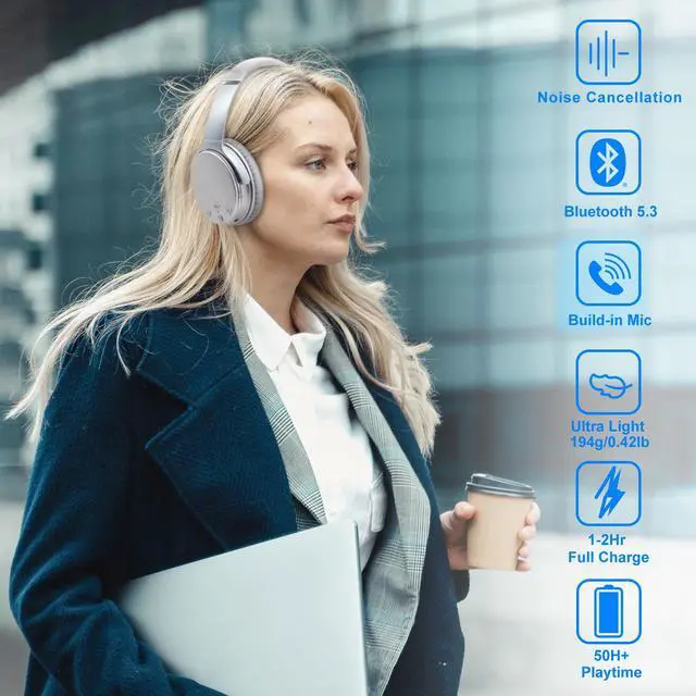 Alt view image 2 of 7 - Srhythm NC35 Noise Cancelling Headphones Wireless Bluetooth 5.3, Fast Charge Over-Ear Lightweight Headset with Microphones,Mega Bass 50+ Hours Playtime Silver