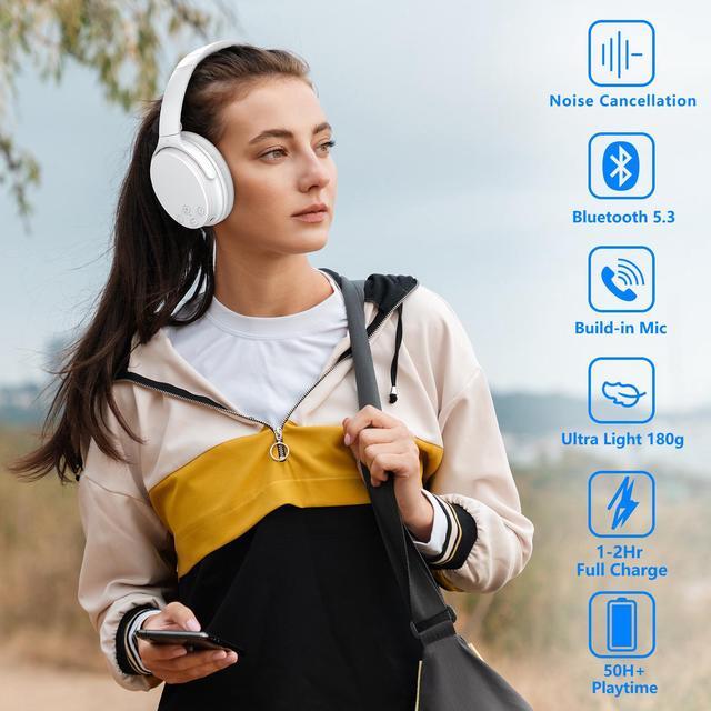 Alt view image 2 of 7 - Srhythm NC35 Noise Cancelling Headphones Wireless Bluetooth 5.3, Fast Charge Over-Ear Lightweight Headset with Microphones,Mega Bass 50+ Hours Playtime White