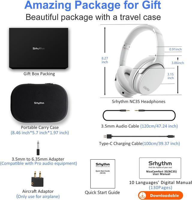 Alt view image 6 of 7 - Srhythm NC35 Noise Cancelling Headphones Wireless Bluetooth 5.3, Fast Charge Over-Ear Lightweight Headset with Microphones,Mega Bass 50+ Hours Playtime White