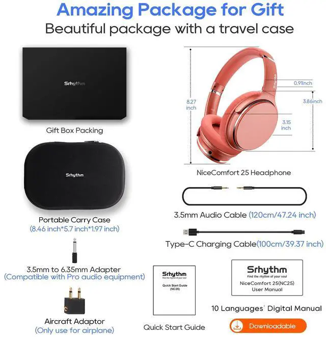 Alt view image 7 of 7 - Srhythm NiceComfort 25 Lightweight Hybrid Noise Cancelling Headphones,with Titanium Coated Speakers,Transparency and Low Latency,ANC for wired and Bluetooth Wireless Orange