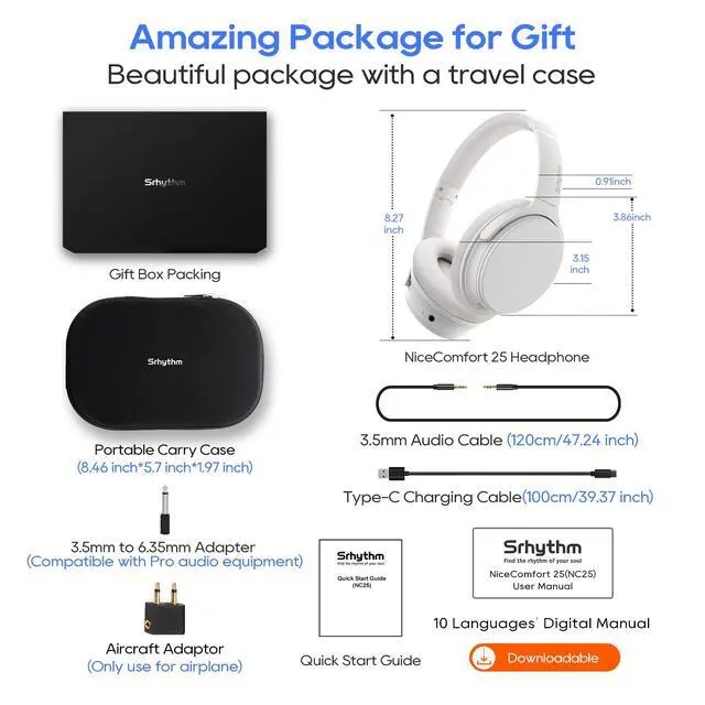 Alt view image 7 of 7 - Srhythm NiceComfort 25 Lightweight Hybrid Noise Cancelling Headphones,with Titanium Coated Speakers,Transparency and Low Latency,ANC for wired and Bluetooth Wireless White