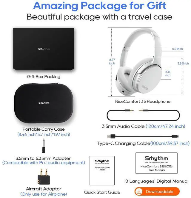 Alt view image 7 of 7 - Srhythm NiceComfort 35 Lightweight Hybrid Noise Cancelling Headphones,with Titanium Coated Speakers,Low Latency,ANC for wired and Bluetooth Wireless White