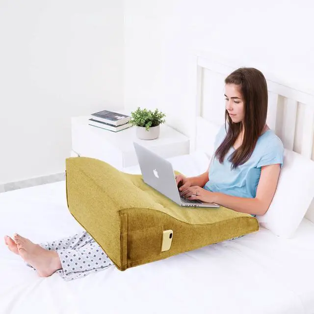 Alt view image 3 of 6 - VERCART Reading Pillow Bed Foam Wedge Adult for Back Support, Bed Pillows for Sitting in Bed, Backrest Seat Cushion with Pockets, Back Pillow with Shredded, Husband Pillow 18x9x22 Inches Yellow