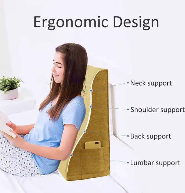 Alt view image 2 of 6 - VERCART Reading Pillow Bed Foam Wedge Adult for Back Support, Bed Pillows for Sitting in Bed, Backrest Seat Cushion with Pockets, Back Pillow with Shredded, Husband Pillow 18x9x22 Inches Yellow